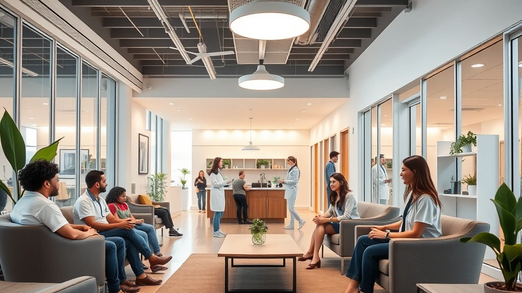 Modern healthcare facility interior with comfortable waiting area, warm lighting, diverse patients and staff interacting warmly, contemporary medical office design with plants and natural elements