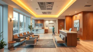 Modern medical clinic reception area with warm lighting, comfortable seating, and welcoming ambiance. Professional healthcare environment with natural elements. Clean, contemporary design creating calm patient experience.