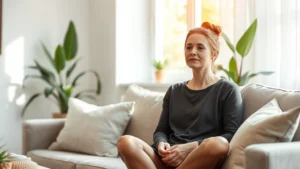 A calm woman in natural sunlight sitting peacefully on a comfortable couch in a modern, minimalist living room with plants and soft textures, expressing contentment and mental clarity.