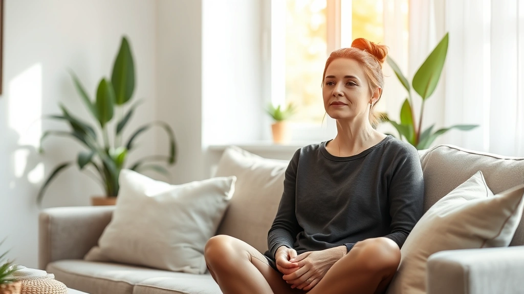 A calm woman in natural sunlight sitting peacefully on a comfortable couch in a modern, minimalist living room with plants and soft textures, expressing contentment and mental clarity.