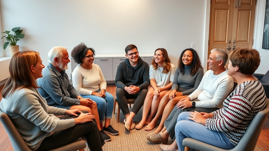 A diverse therapy group of adults sitting in a circle in a warm, welcoming clinical space with soft lighting, engaged in supportive conversation with genuine smiles and open body language.