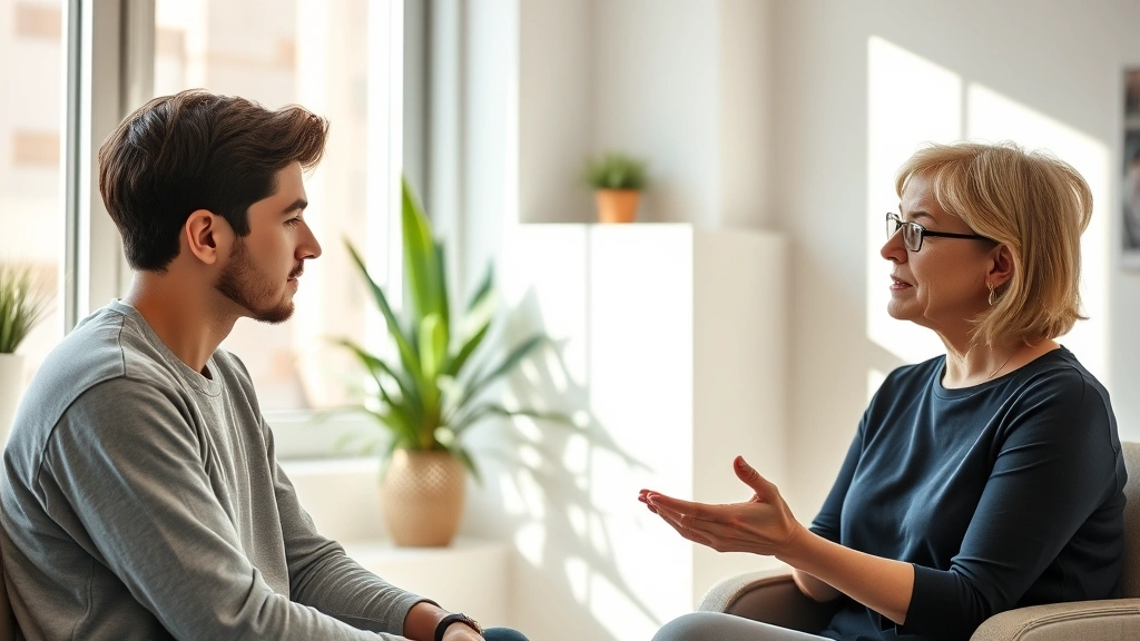 A young adult talking with a compassionate therapist in a bright office, natural window light streaming in, both appearing focused and engaged in meaningful conversation about mental health.
