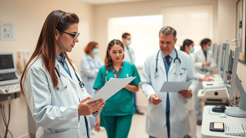 Diverse healthcare professionals in clinical setting: doctor reviewing patient chart, nurse checking vital signs, medical staff collaborating at workstation, modern equipment visible, warm professional environment