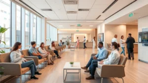 Modern medical facility waiting room with comfortable seating, warm lighting, contemporary design, clean professional healthcare environment with diverse patients and staff interacting, bright and welcoming atmosphere