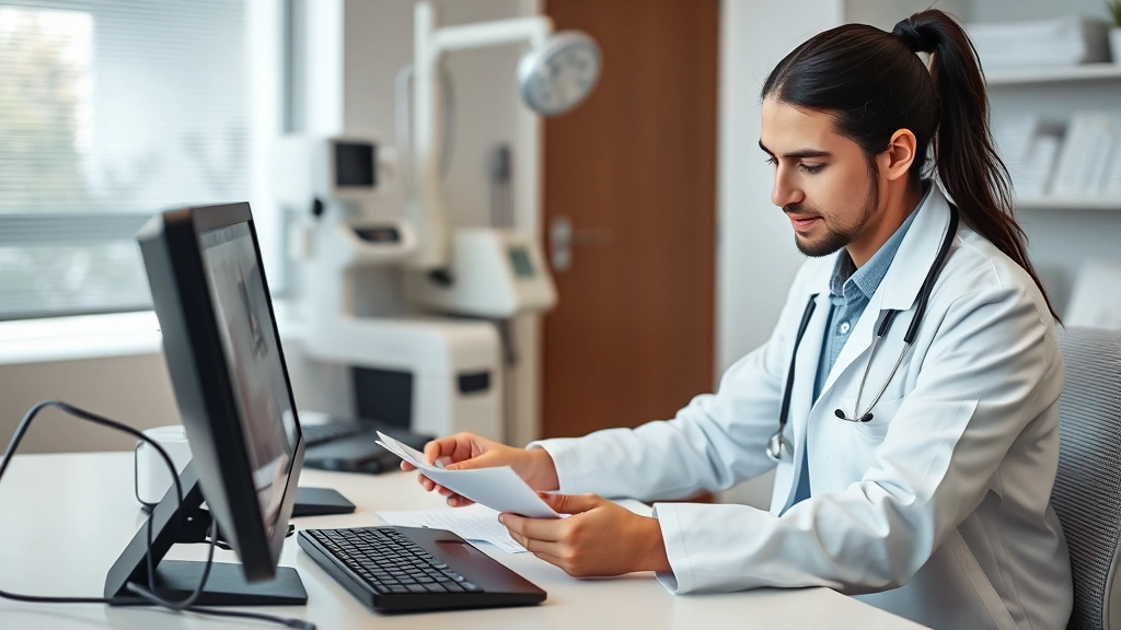 Healthcare provider in white coat reviewing patient chart at desk, professional medical office setting with modern technology, compassionate interaction, contemporary clinic environment with medical equipment visible