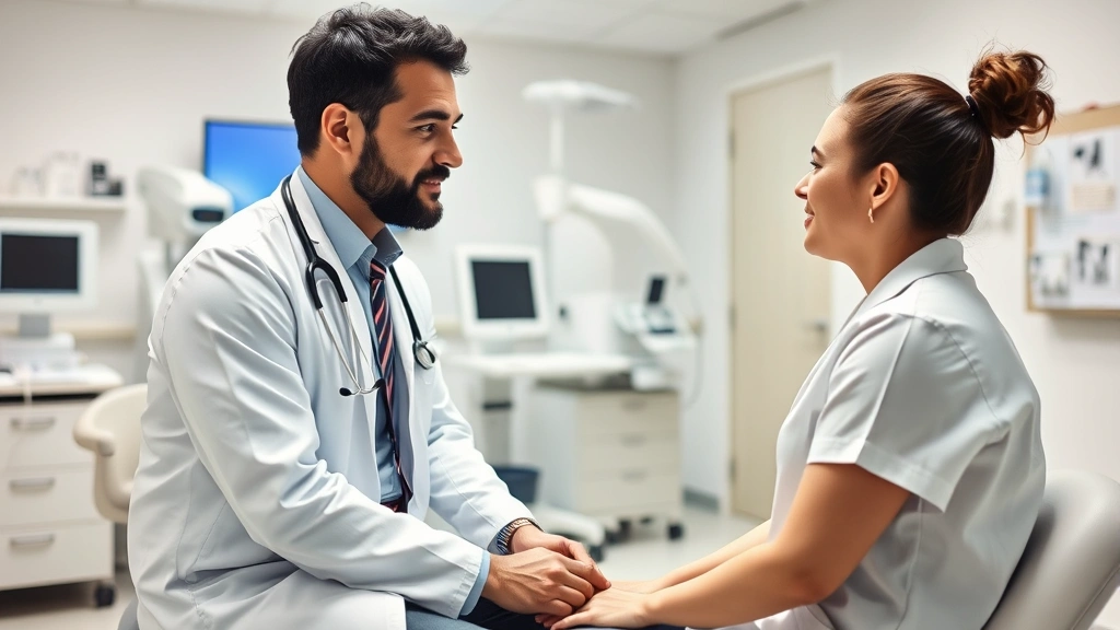 Patient receiving medical consultation from physician in examination room, modern healthcare facility, professional and caring atmosphere, diverse representation, contemporary medical technology in background