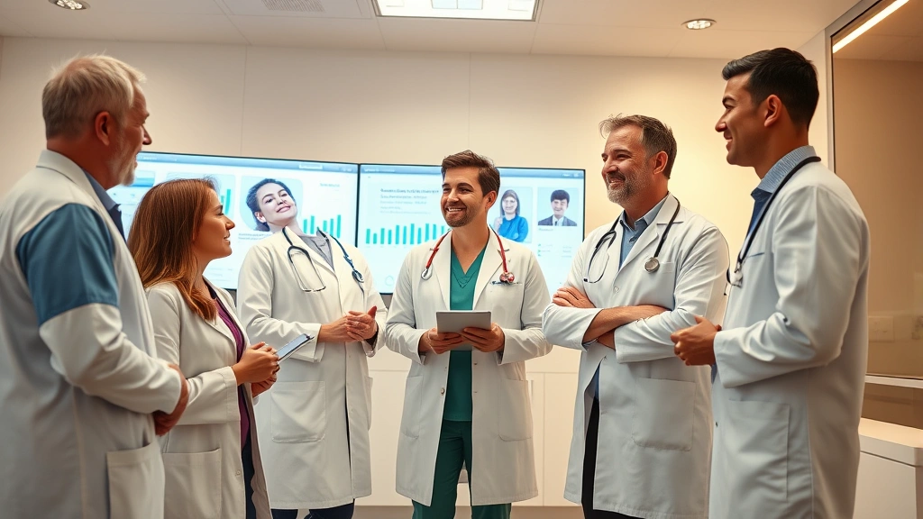 Diverse healthcare professionals collaborating in modern clinic setting with digital screens showing patient data, warm lighting, professional attire, warm collaborative atmosphere