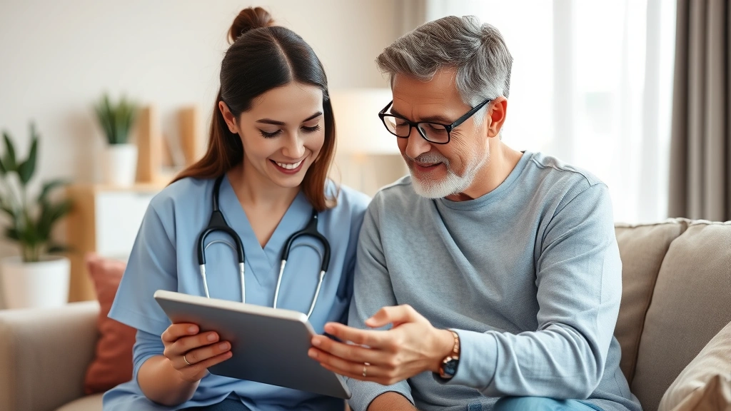 Healthcare worker using tablet with patient in home setting, wearable health monitoring device visible, modern living room background, caring interaction, technology integration visible