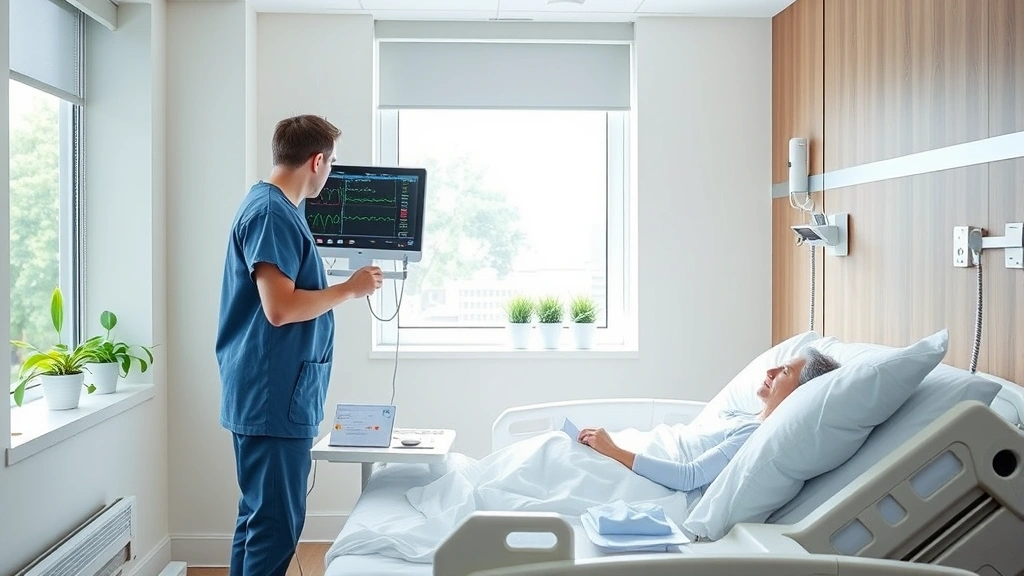 Modern hospital patient room with comfortable bed, natural light from window, healthcare professional in scrubs checking vital signs monitor, calming neutral wall colors, plants on windowsill, patient appears relaxed and comfortable
