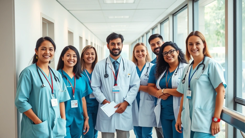 Diverse group of healthcare professionals in a modern hospital corridor, smiling and collaborating, wearing medical attire and badges, contemporary hospital architecture with clean lines, bright natural lighting, professional yet warm atmosphere
