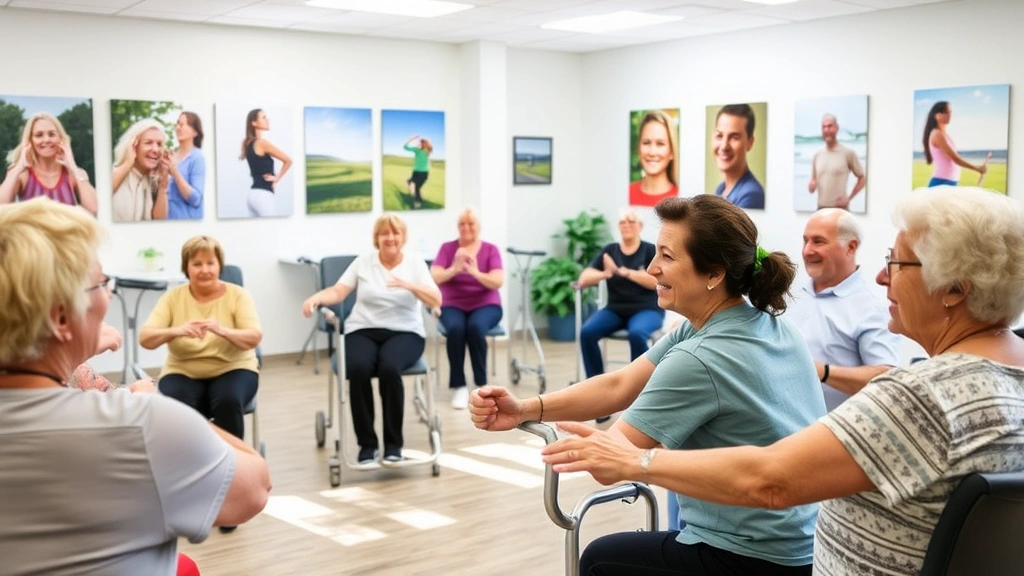 Wellness center with patients participating in group exercise class, bright spacious room with exercise equipment, diverse age group smiling and engaging, natural light, motivational wellness posters on walls, healthy active lifestyle depicted