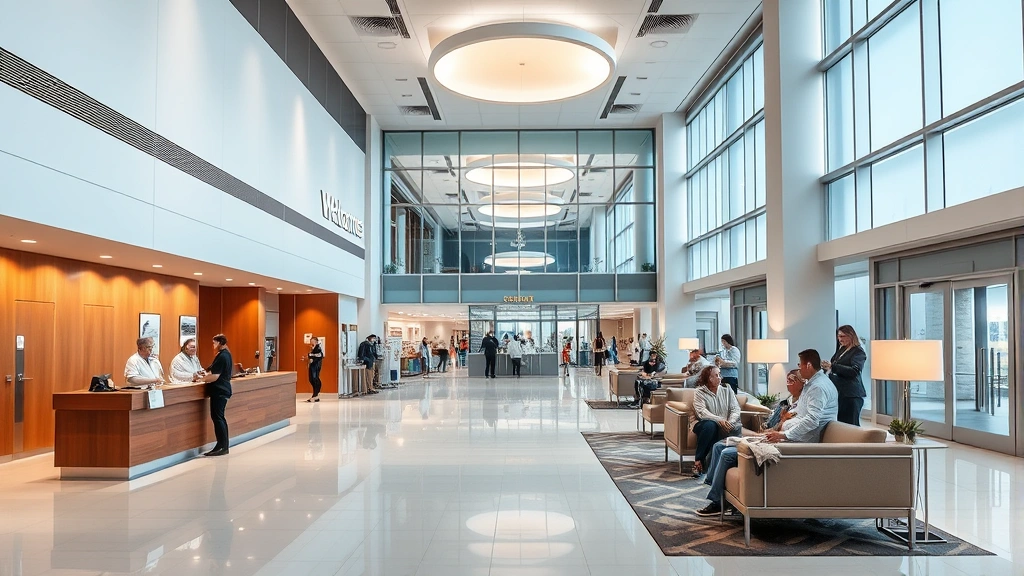 Modern hospital lobby with welcoming reception desk, warm lighting, comfortable seating areas, diverse patients and staff, clean contemporary architecture, professional yet comforting atmosphere