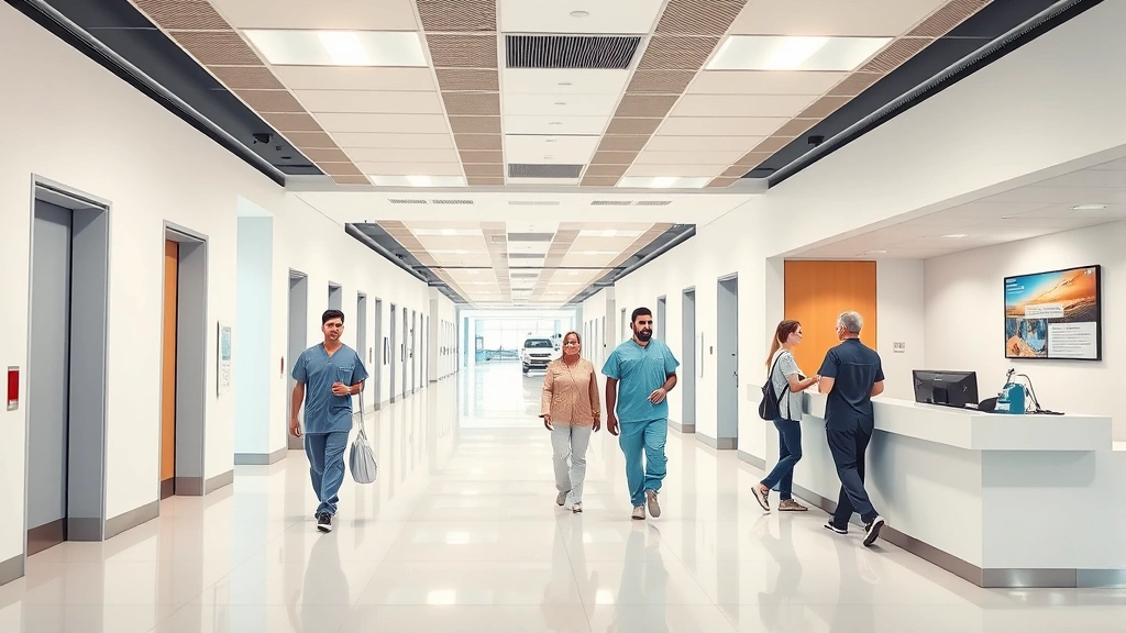 Modern hospital interior with bright corridors, medical staff in scrubs walking with purpose, clean white walls, patients being warmly greeted at reception desk, professional healthcare environment