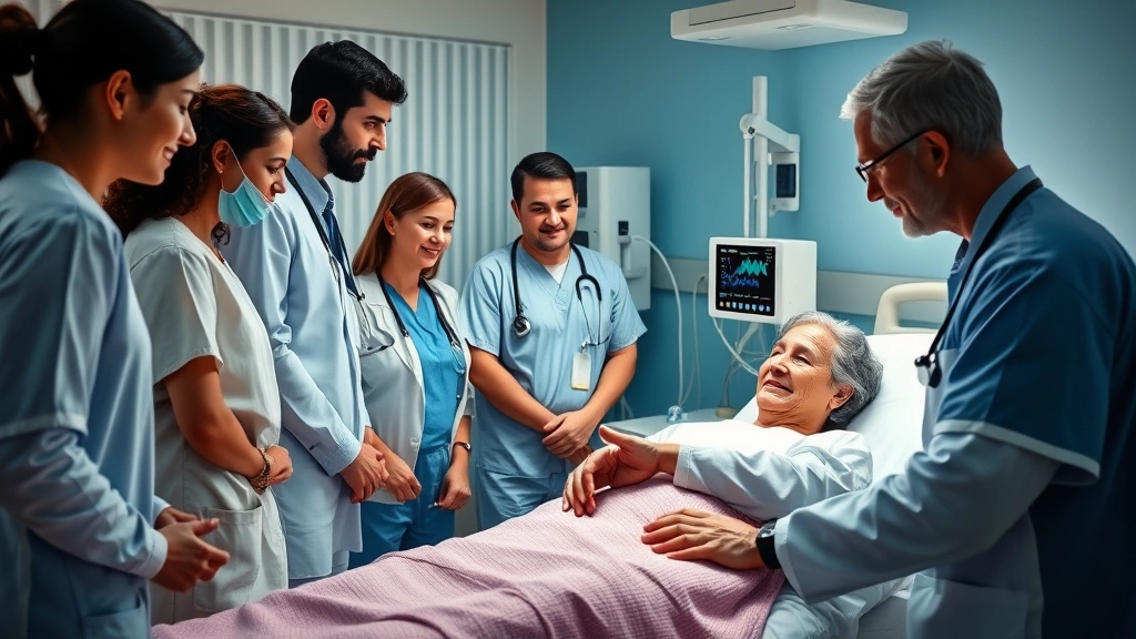 Diverse group of healthcare professionals in a patient room, doctor checking patient vitals with digital equipment, warm lighting, family member present, compassionate medical interaction, modern medical technology