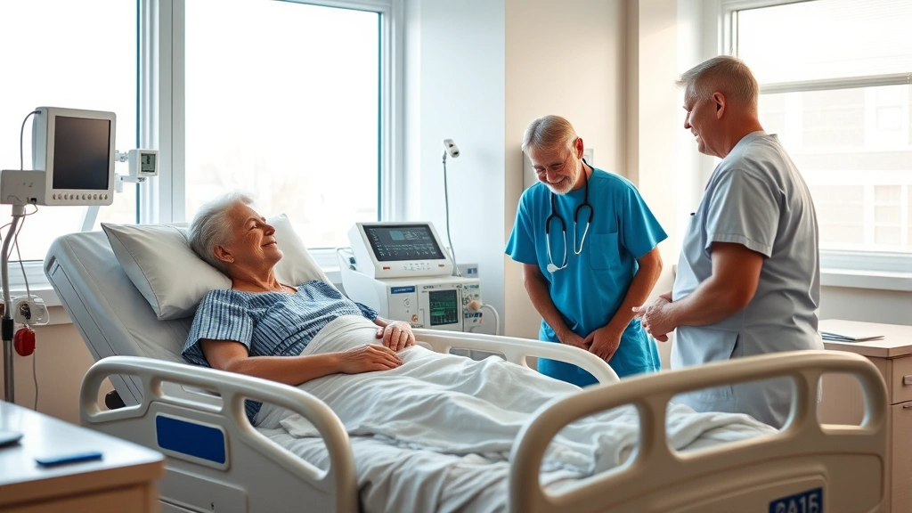 Patient in comfortable hospital room receiving care from compassionate nurse, bright windows, modern medical equipment, peaceful environment, family member nearby, genuine human connection