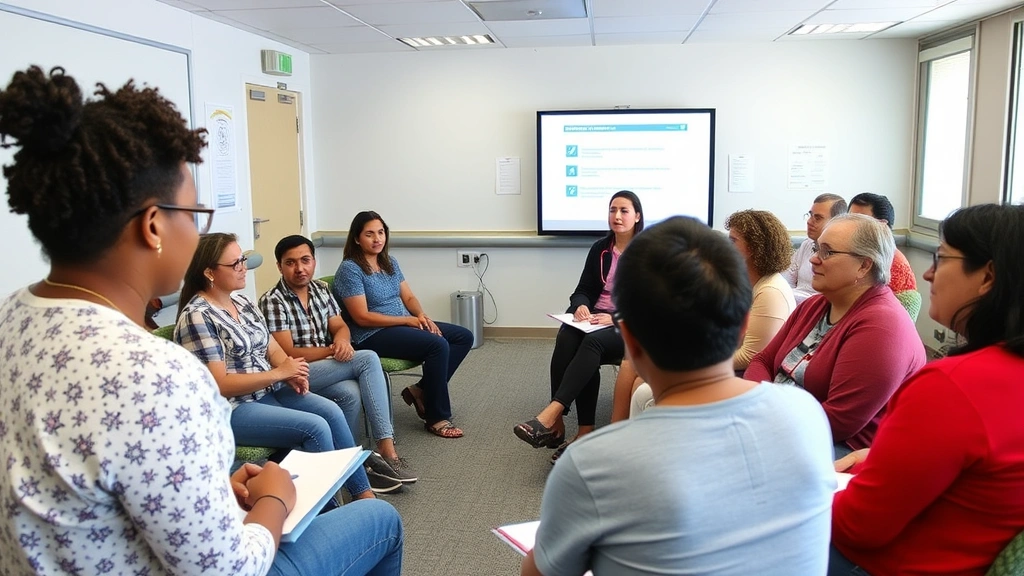 Wellness program activity with diverse community members in a hospital seminar room, health educator presenting information, people taking notes, positive engagement, wellness education environment, healthy lifestyle focus