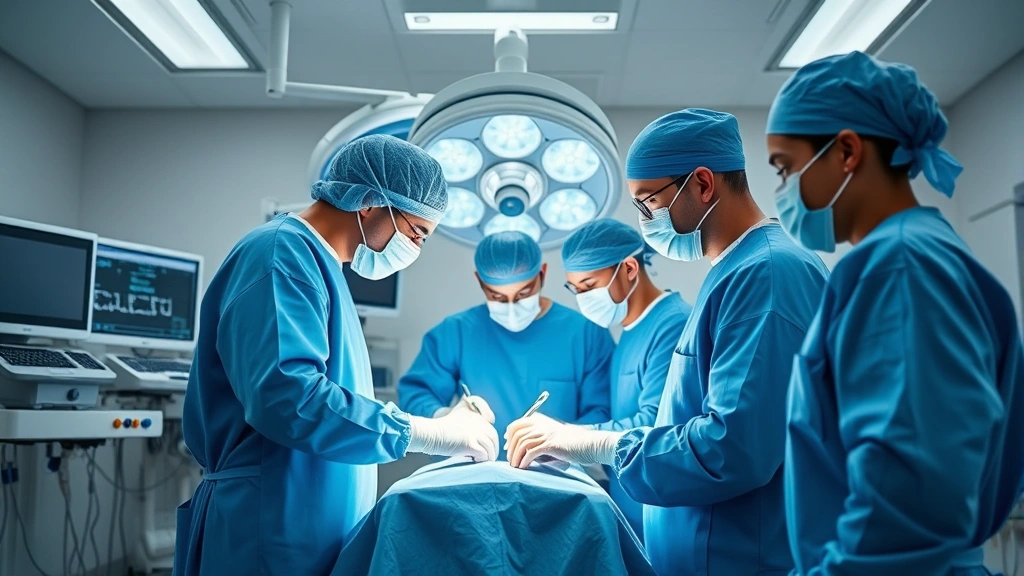 Advanced surgical suite with surgeons in sterile blue scrubs performing minimally invasive procedure, sophisticated medical equipment and monitors, bright operating room lights, focused medical team collaboration