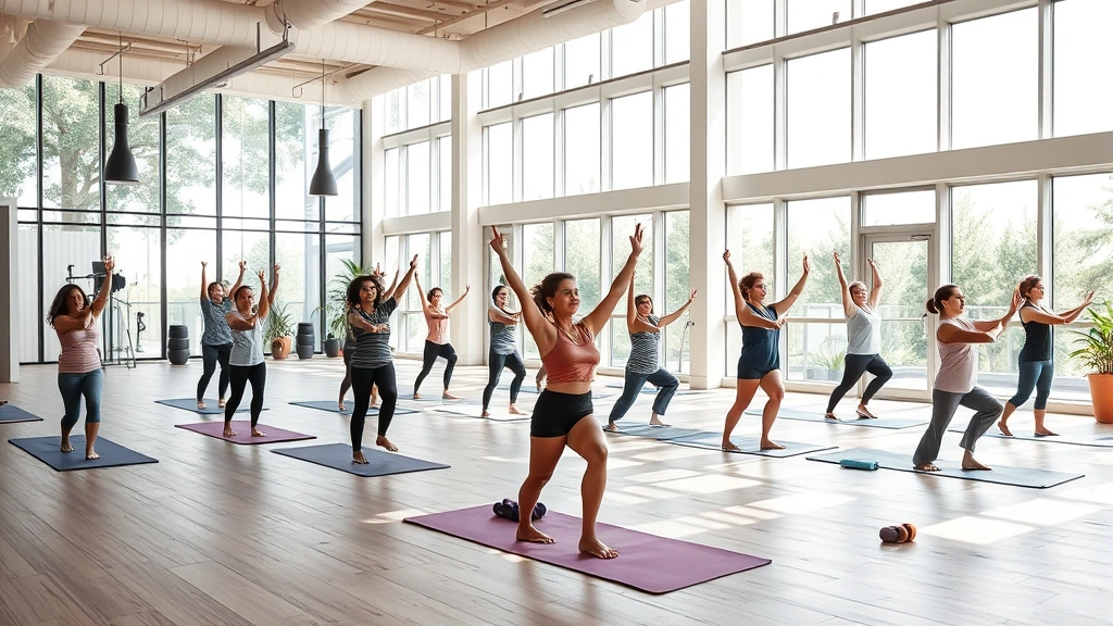 Diverse patients in wellness center fitness class doing yoga on mats, bright modern gym facility with floor-to-ceiling windows, natural light streaming in, healthy active lifestyle community gathering