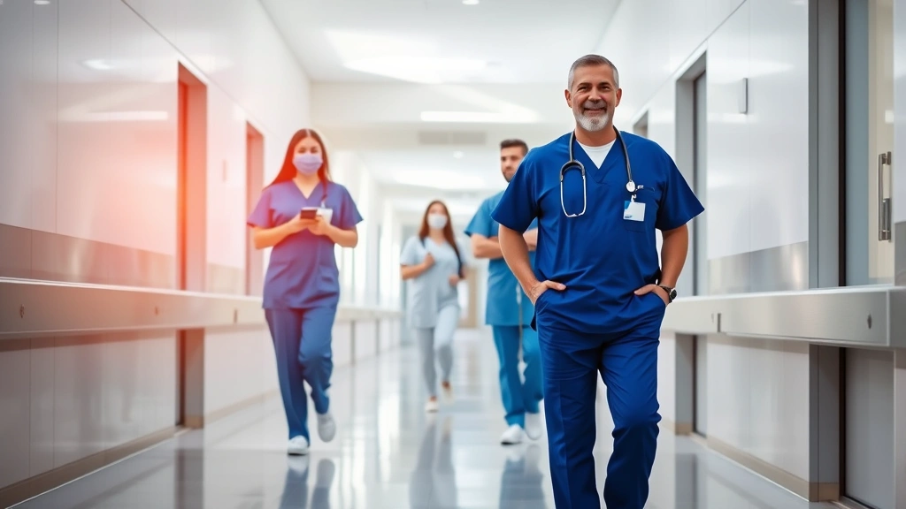 Modern hospital corridor with natural lighting, healthcare professionals in scrubs walking confidently, clean contemporary architecture, welcoming patient-centered environment, warm professional atmosphere
