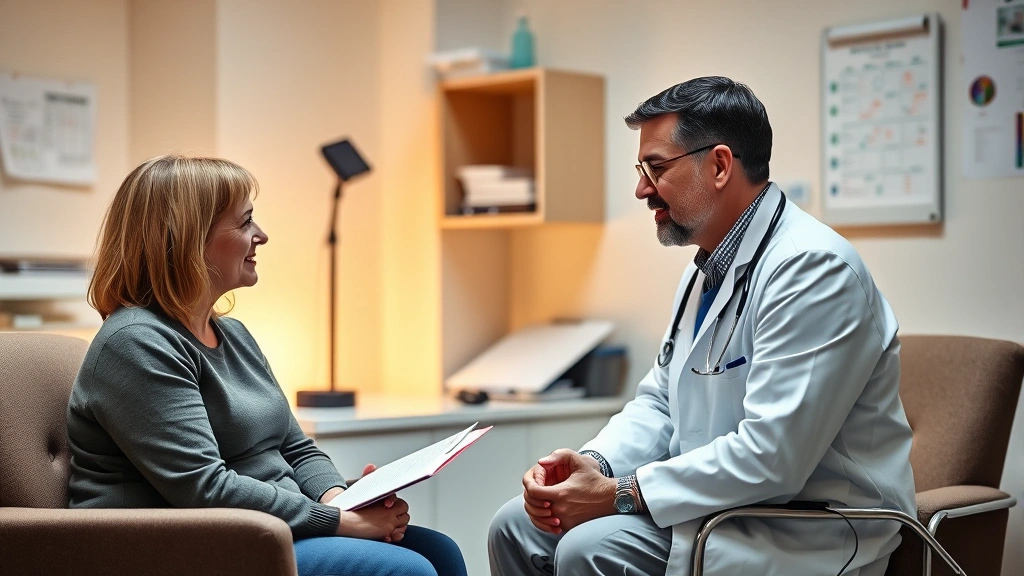 Patient consultation room with doctor and patient in comfortable conversation, warm lighting, medical charts and technology, compassionate healthcare interaction, professional yet welcoming clinical setting