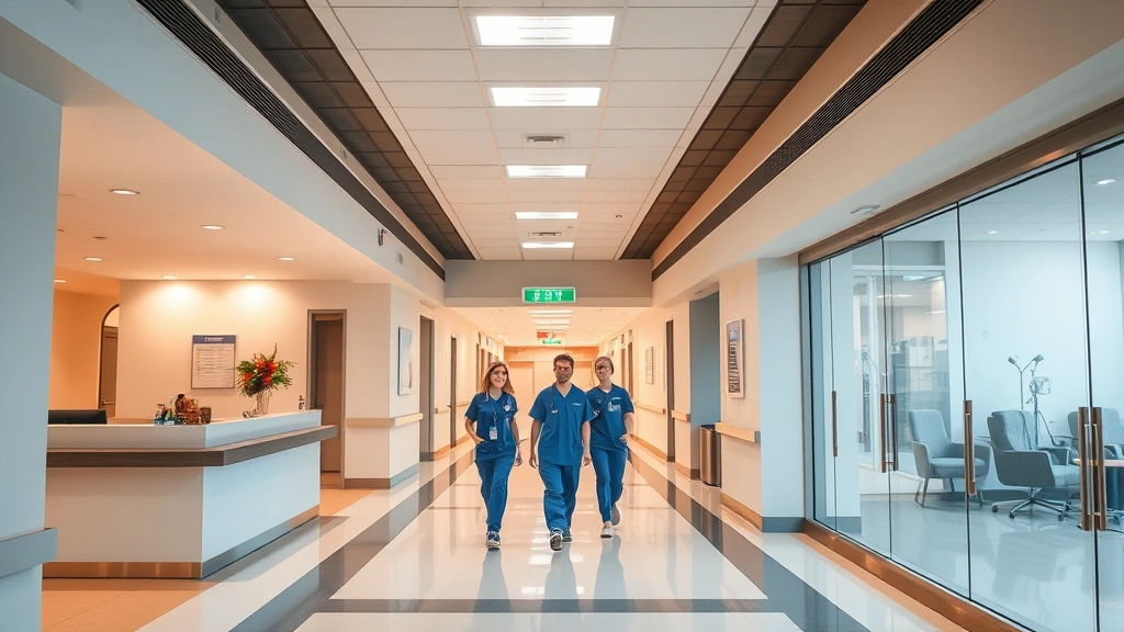 Modern hospital corridor with warm lighting, welcoming reception area, healthcare professionals in scrubs walking with purpose, calming neutral tones, patient comfort emphasized
