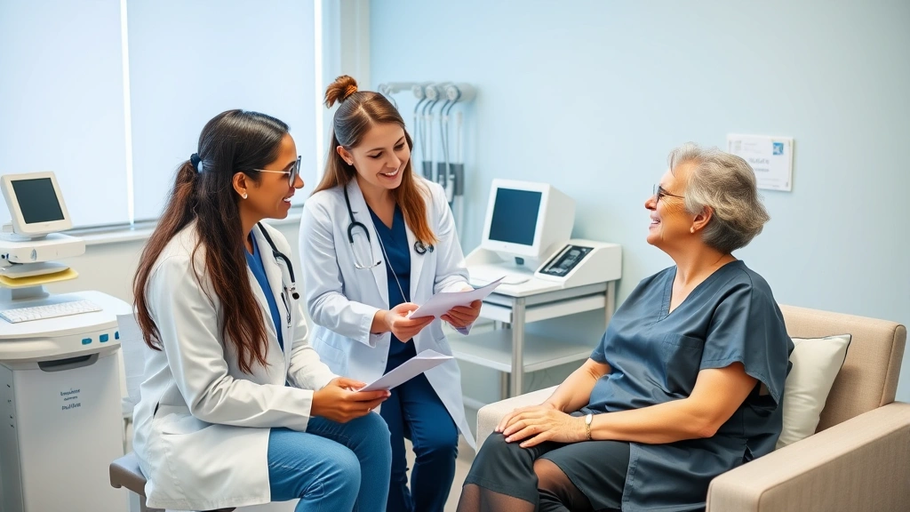Diverse medical team during collaborative patient consultation, doctor and nurse discussing care plan with patient in comfortable clinical setting, compassionate interaction, modern equipment visible