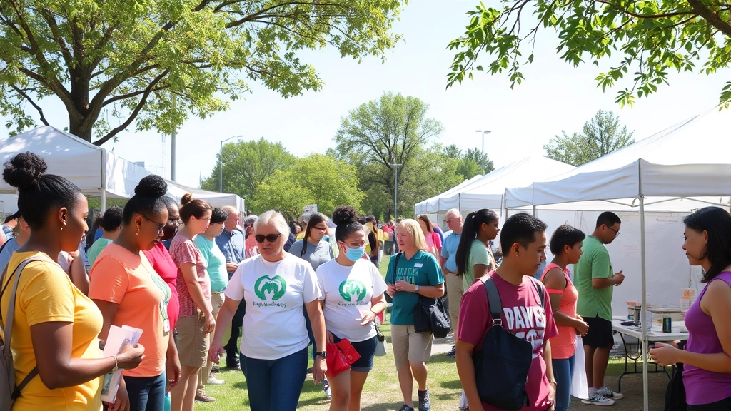 Community wellness event outdoors, people participating in health screening, fitness activities, educational booths, sunny day, diverse age groups engaged, hopeful wellness atmosphere