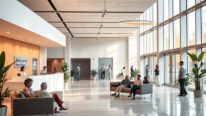 Serene hospital lobby with modern architecture, warm lighting, comfortable seating, welcoming reception desk, plants, diverse patients and staff members interacting peacefully, natural light streaming through windows, professional yet calming atmosphere