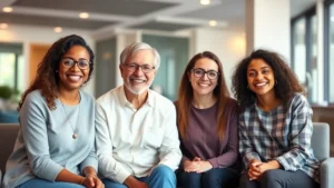 Diverse patients smiling in modern, welcoming healthcare clinic waiting room with warm lighting and comfortable seating, representing community trust and accessibility