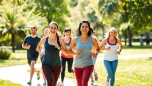 Diverse group of healthy adults exercising outdoors in a sunny park, jogging and stretching together with genuine smiles, natural lighting, community wellness atmosphere