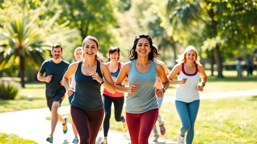 Diverse group of healthy adults exercising outdoors in a sunny park, jogging and stretching together with genuine smiles, natural lighting, community wellness atmosphere