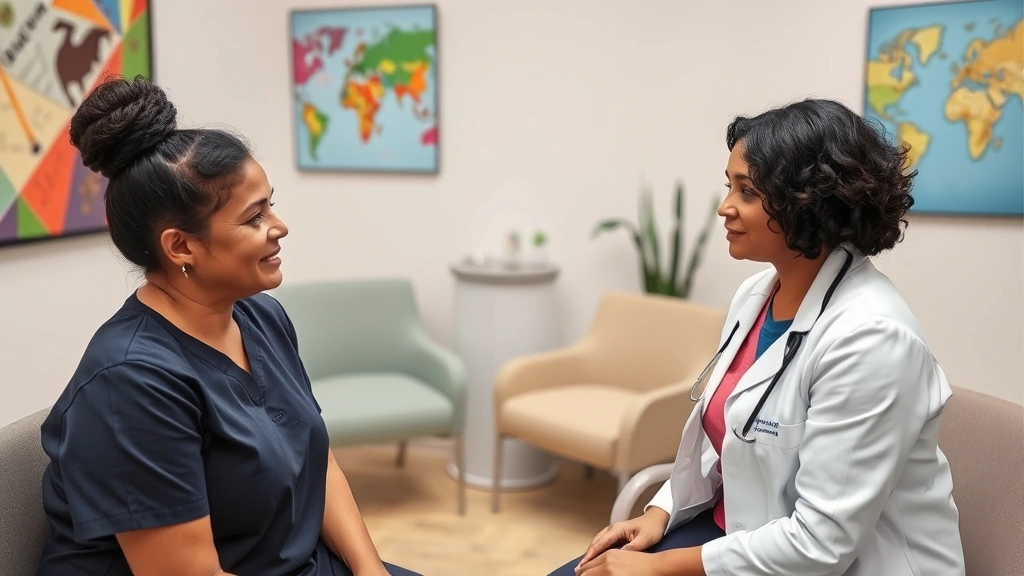 Patient receiving preventive health screening with caring nurse in welcoming examination room featuring diverse cultural artwork and comfortable environment