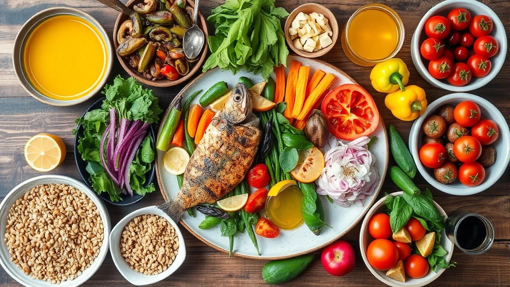Colorful Mediterranean-style meal spread with fresh vegetables, grilled fish, olive oil, whole grains, and fruits arranged on wooden table, natural food photography, vibrant healthy eating