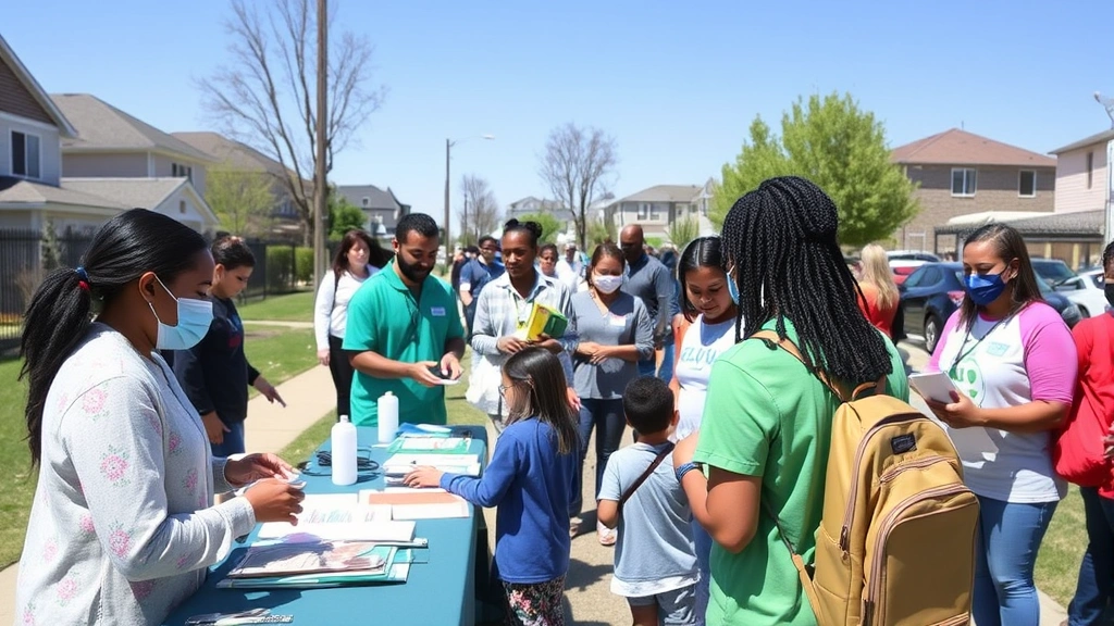 Community members attending outdoor health fair with free screenings, educational materials, and healthcare professionals engaging with families in sunny neighborhood setting