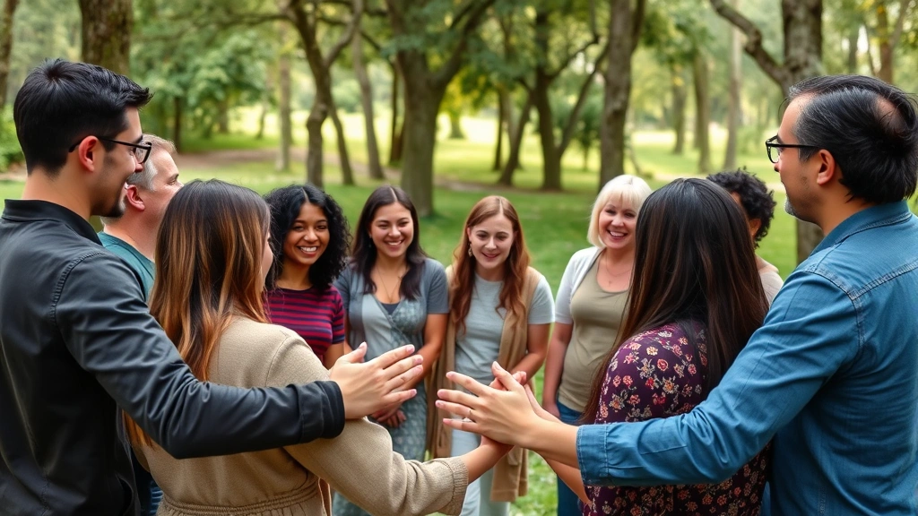 Diverse group of people in supportive circle during outdoor wellness gathering, natural setting with trees, genuine smiles and connection, community support atmosphere, inclusive gathering