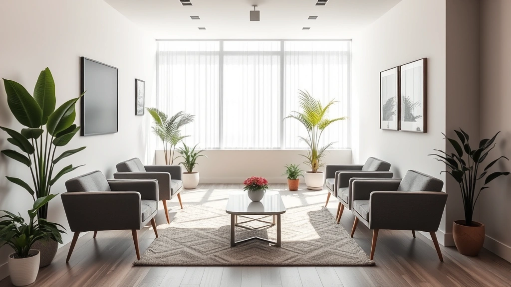 Serene modern mental health clinic waiting room with comfortable seating, soft natural lighting, plants, and calming neutral colors creating welcoming therapeutic environment for patients