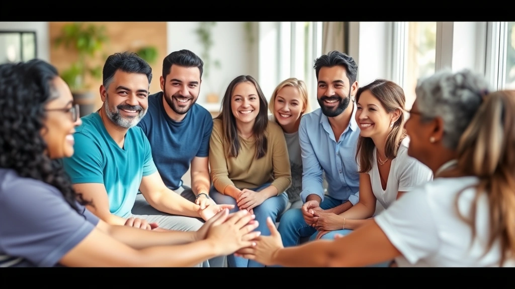 Diverse group of people in supportive peer recovery group circle, smiling and connecting, bright wellness space with natural light, demonstrating community healing and mutual support