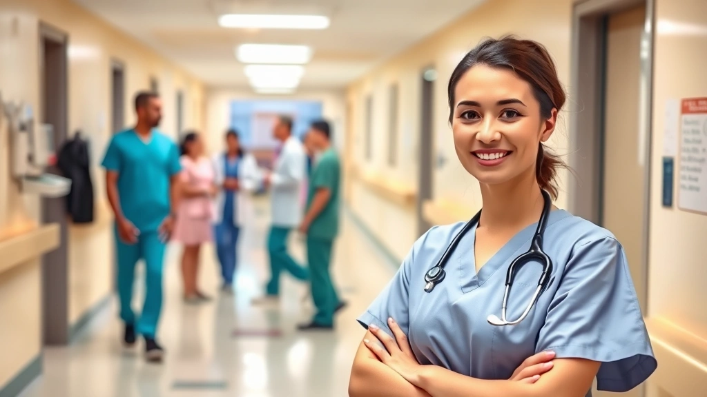 Professional behavioral health nurse in modern psychiatric hospital wearing scrubs, standing confidently in bright clinical hallway with warm lighting, compassionate expression, modern medical equipment visible, diverse healthcare team collaborating in background