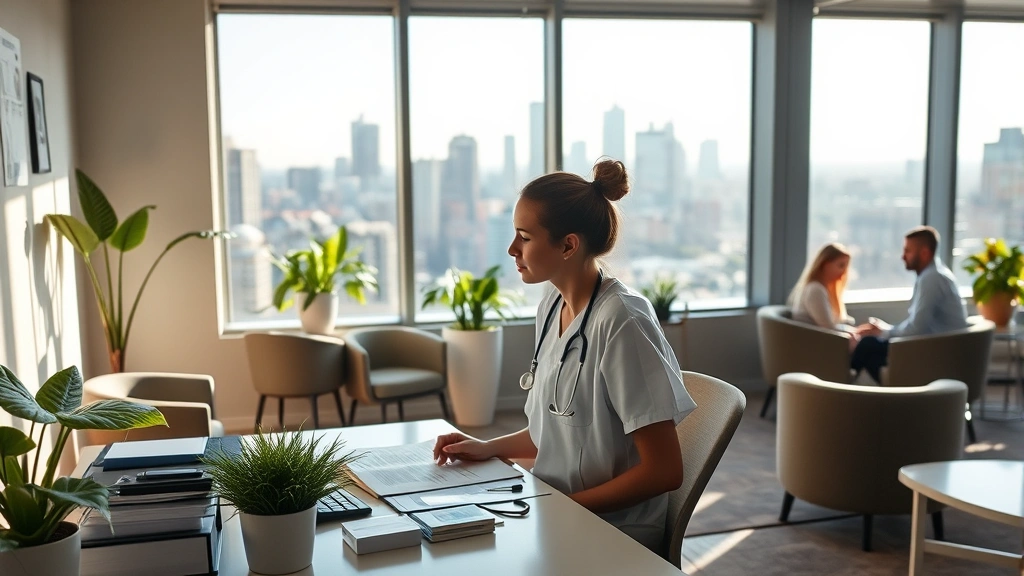 Young nurse in mental health crisis center reviewing patient charts at desk near windows overlooking city skyline, natural daylight streaming in, supportive team members visible in counseling rooms, calming neutral interior design with plants