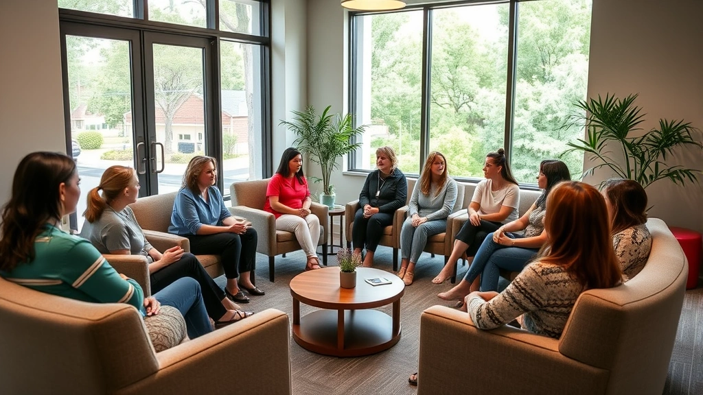 Behavioral health nurses conducting group therapy session in comfortable community health center with soft seating, circle arrangement, diverse patient group engaged in discussion, supportive therapeutic environment, natural lighting from large windows