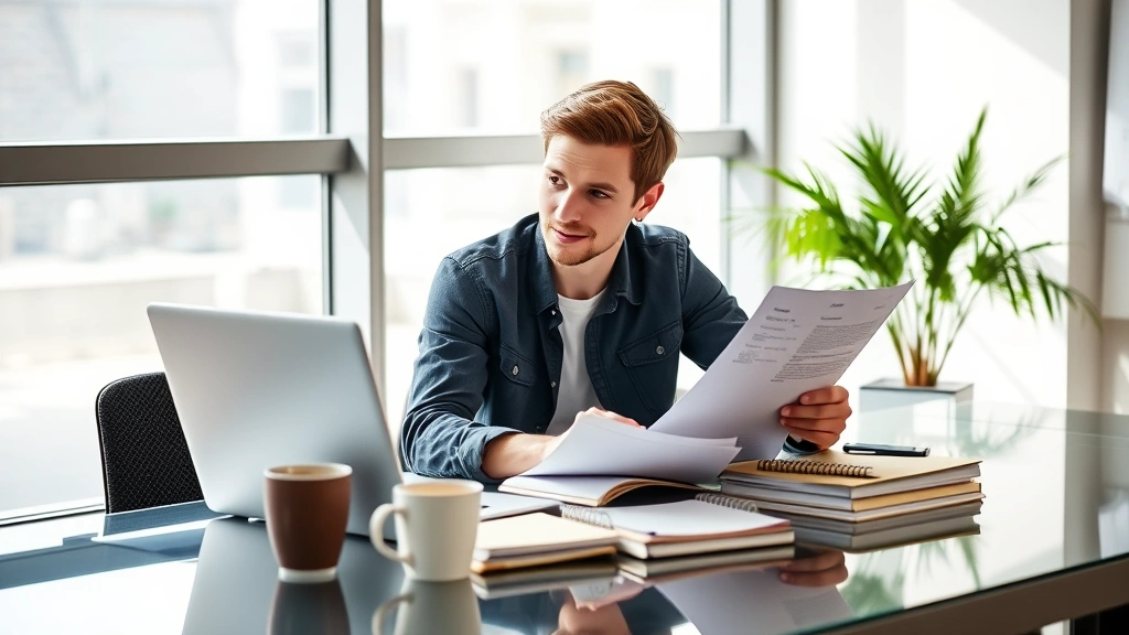 Young professional studying certification materials at modern desk with laptop, coffee cup, and organized notes in bright office space, natural window lighting, focused expression