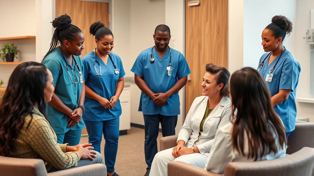 Diverse behavioral health technician team in clinical setting supporting patient during group therapy session, compassionate interaction, warm professional environment with comfortable seating