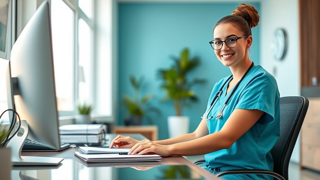 Professional behavioral health technician wearing scrubs sitting at desk with patient files and computer, modern healthcare clinic office setting with calming colors and natural lighting