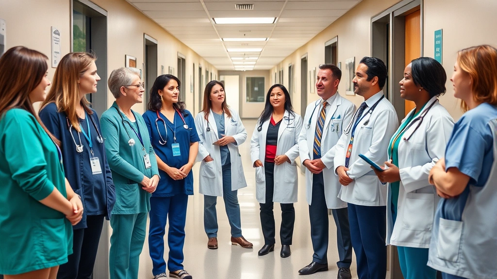 Diverse team of behavioral health professionals in hospital hallway discussing patient care, confident and engaged expressions, modern healthcare facility with welcoming atmosphere