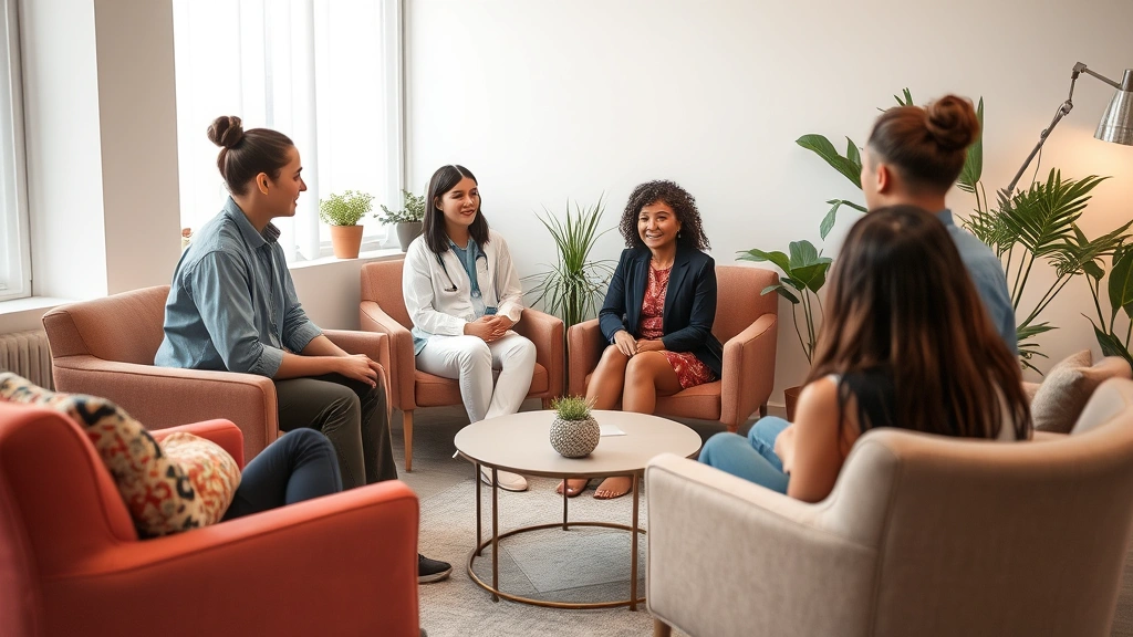 Behavioral health technician facilitating group therapy session with diverse participants in comfortable counseling room with soft lighting, plants, and therapeutic furniture arrangement