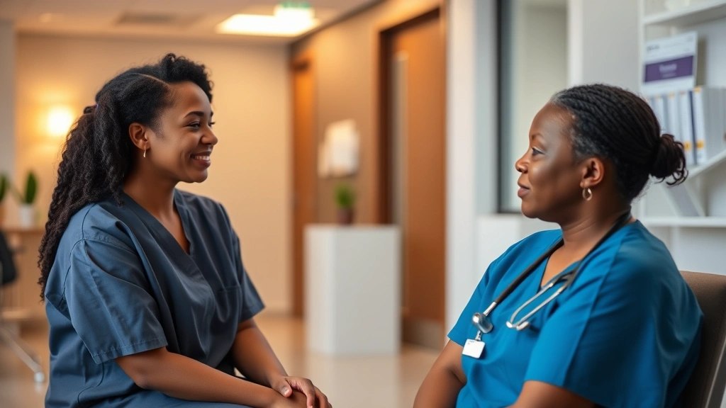 Young diverse behavioral health technician in scrubs sitting attentively with patient in modern clinic setting, warm lighting, compassionate expression, professional but approachable environment
