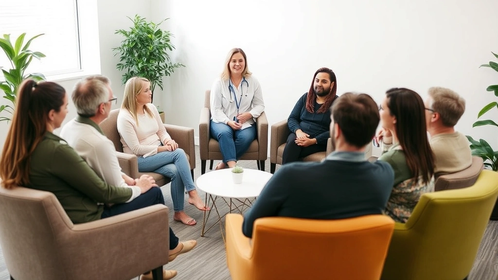 Behavioral health tech facilitating group therapy session with multiple patients in comfortable circle seating, diverse group, engaged listening posture, calm therapeutic atmosphere