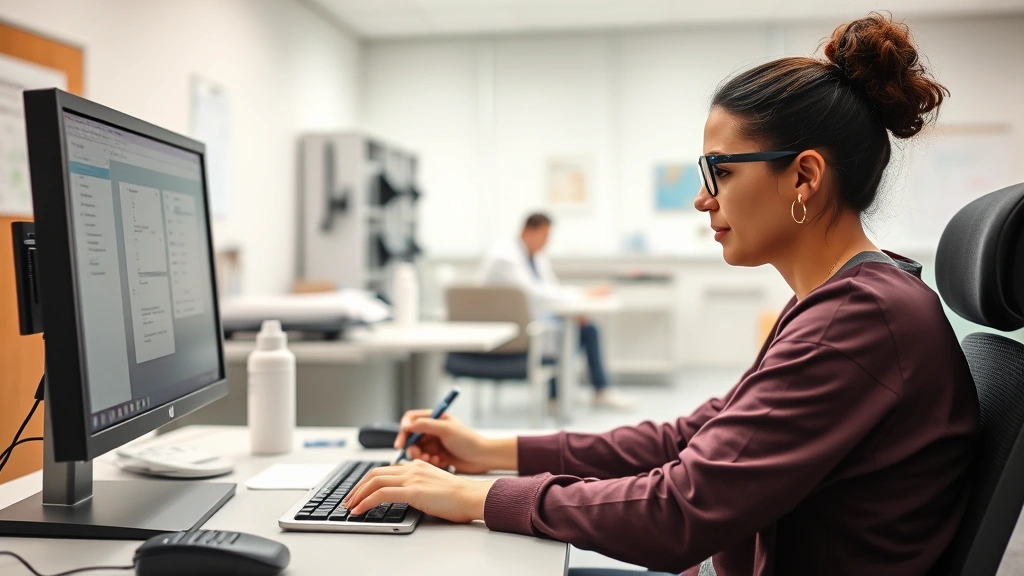 Behavioral health professional documenting patient notes at computer workstation in healthcare facility, focused expression, organized medical records visible, modern clinical workspace