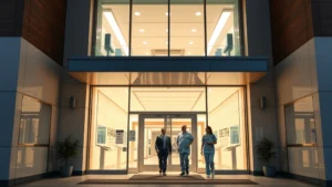 Modern medical facility with contemporary architecture, welcoming entrance with glass doors and warm lighting, healthcare professionals in scrubs walking through bright corridors, clean and professional hospital environment