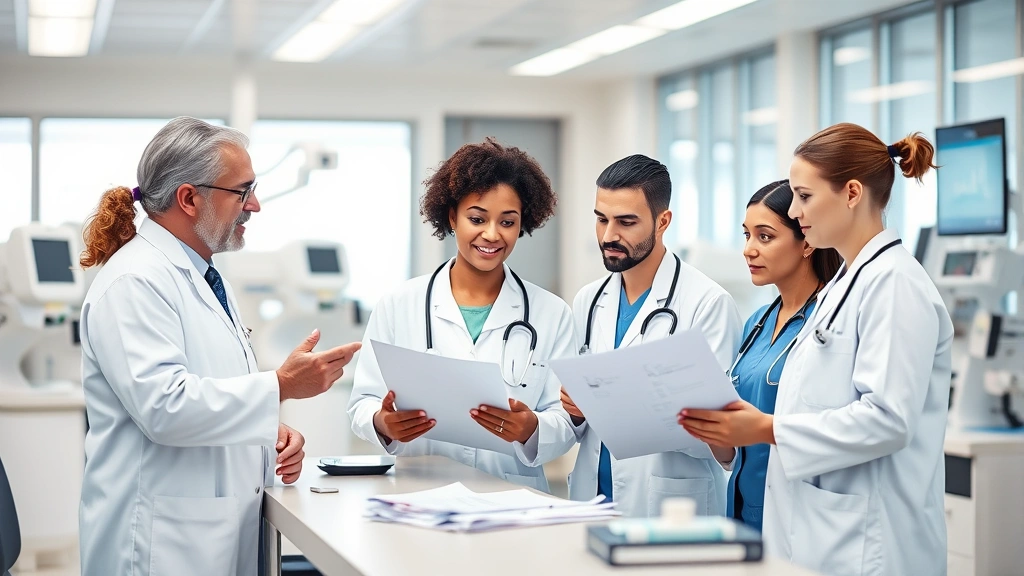 Diverse medical team collaborating in modern hospital setting, doctors and nurses reviewing patient charts at bright nurses station, state-of-the-art medical equipment visible, professional healthcare environment with natural lighting